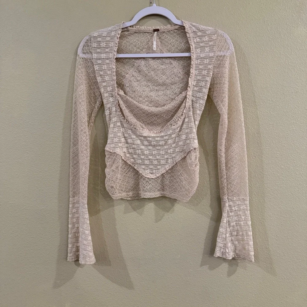 Free People My Party‎ Lace Top Womens XS Cream Long Sleeve Sheer Boho Coquette